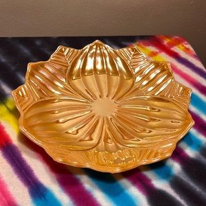 Peach lotus Fire King plate iridescent on milk glass. 8 Inch.